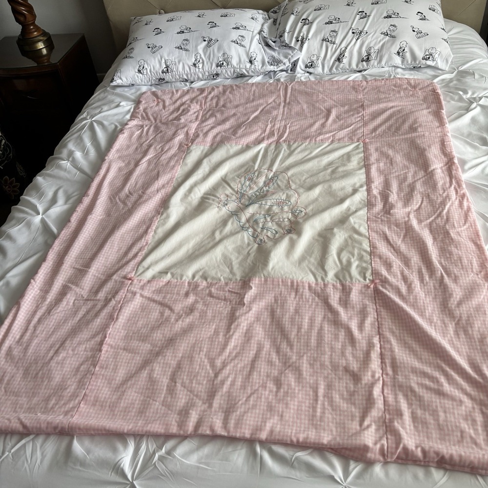 Vtg Hand-Embroidered Blanket Butterfly Quilt Pink Blue White Gingham Tied Solid